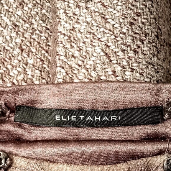 Elie Tahari Taupe Wool Raw Edge Velvet Trim Snap Front Fitted Jacket - Picture 6 of 8